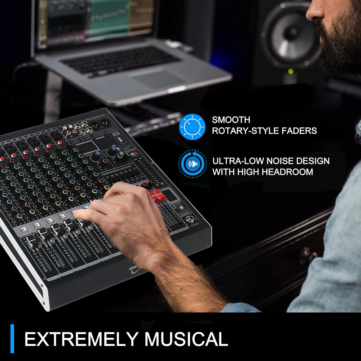 Audio Mixer 8 Channel, DJ Mixer Board with Bluetooth and Usb, Audio Sound Card with Interface Recording and 48V Phantom Power, Sounds Mixer with 256 DSP FX Reverb Delay Effect for Streaming