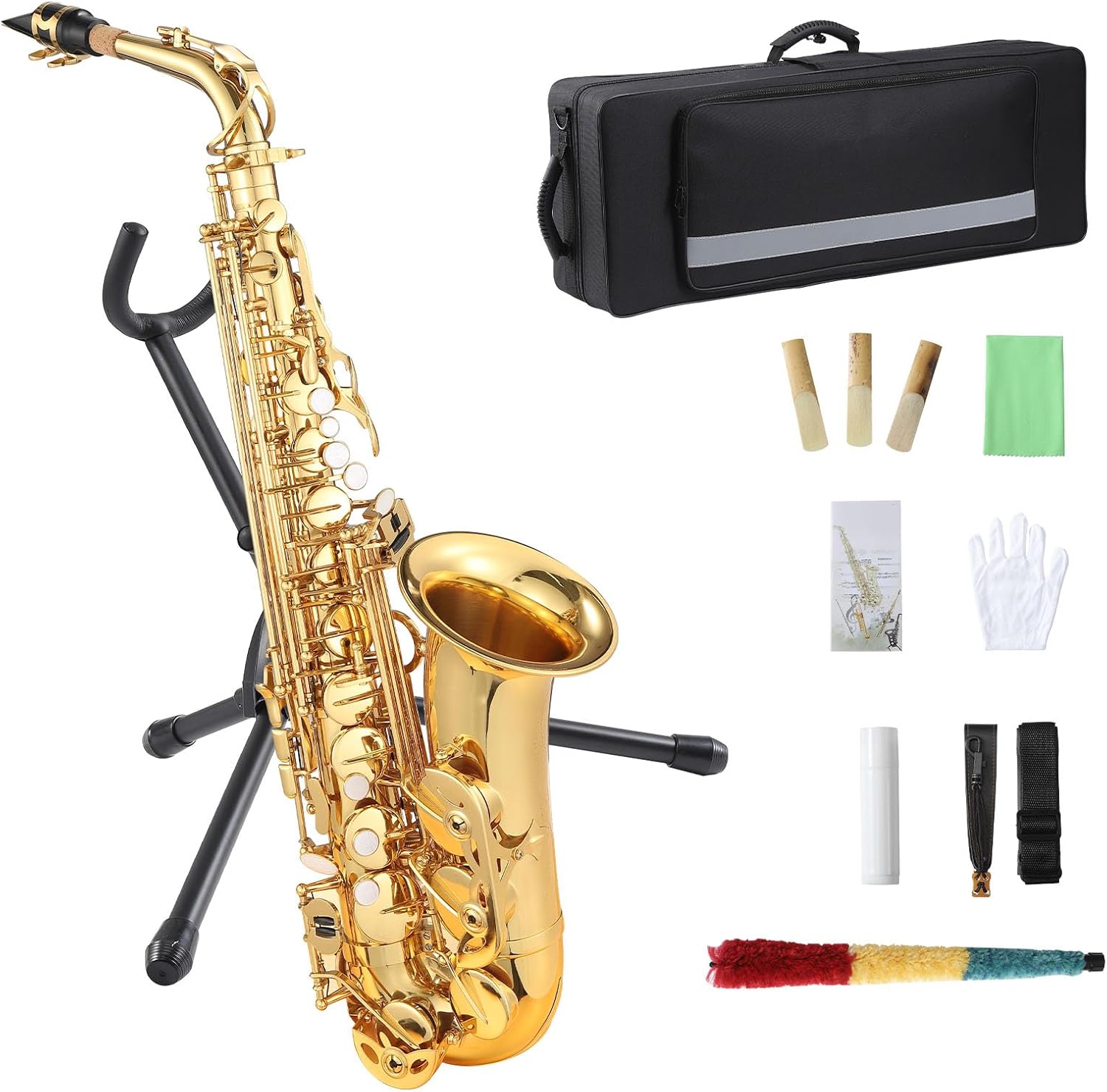 Senfot AS-100 Eb Alto Saxophone Gold Lacquer Alto Sax Full Kit With Cleaning Cloth, Gloves, Brush, Headjoint, Reed, Strap, Stand, Tube Case, Saxophone for Beginners and Professional, Gold