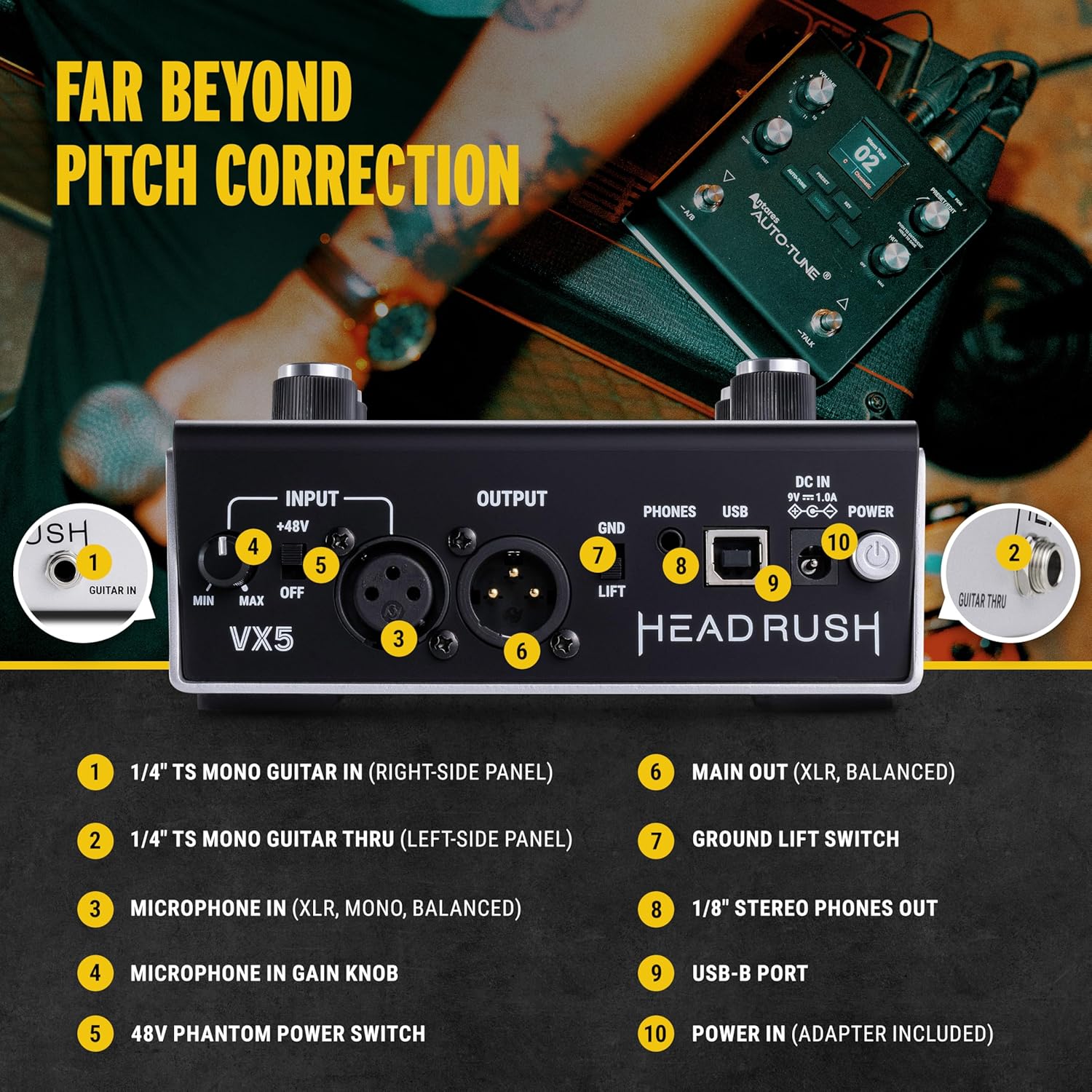 HeadRush VX5 Vocal Effects Pedal with Antares AutoTune for Vocalists with Real Time Pitch Correction, Vocal Harmony, Guitar and Mic in and Audio Interface