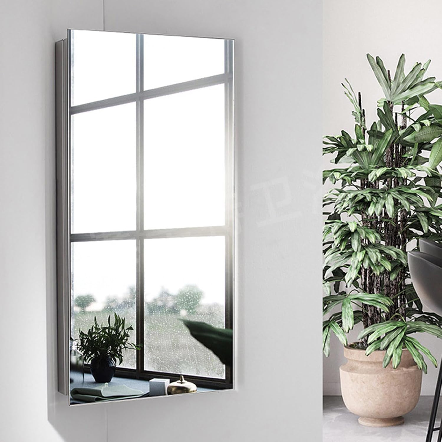 Generic 23.6 Inch Wall Mount Corner Medicine Cabinet with Mirror, Bathroom Wall Cabinet, Polished Stainless Steel, Hanging Triple Shelf Storage Cabinet - Left Open Mirror Door