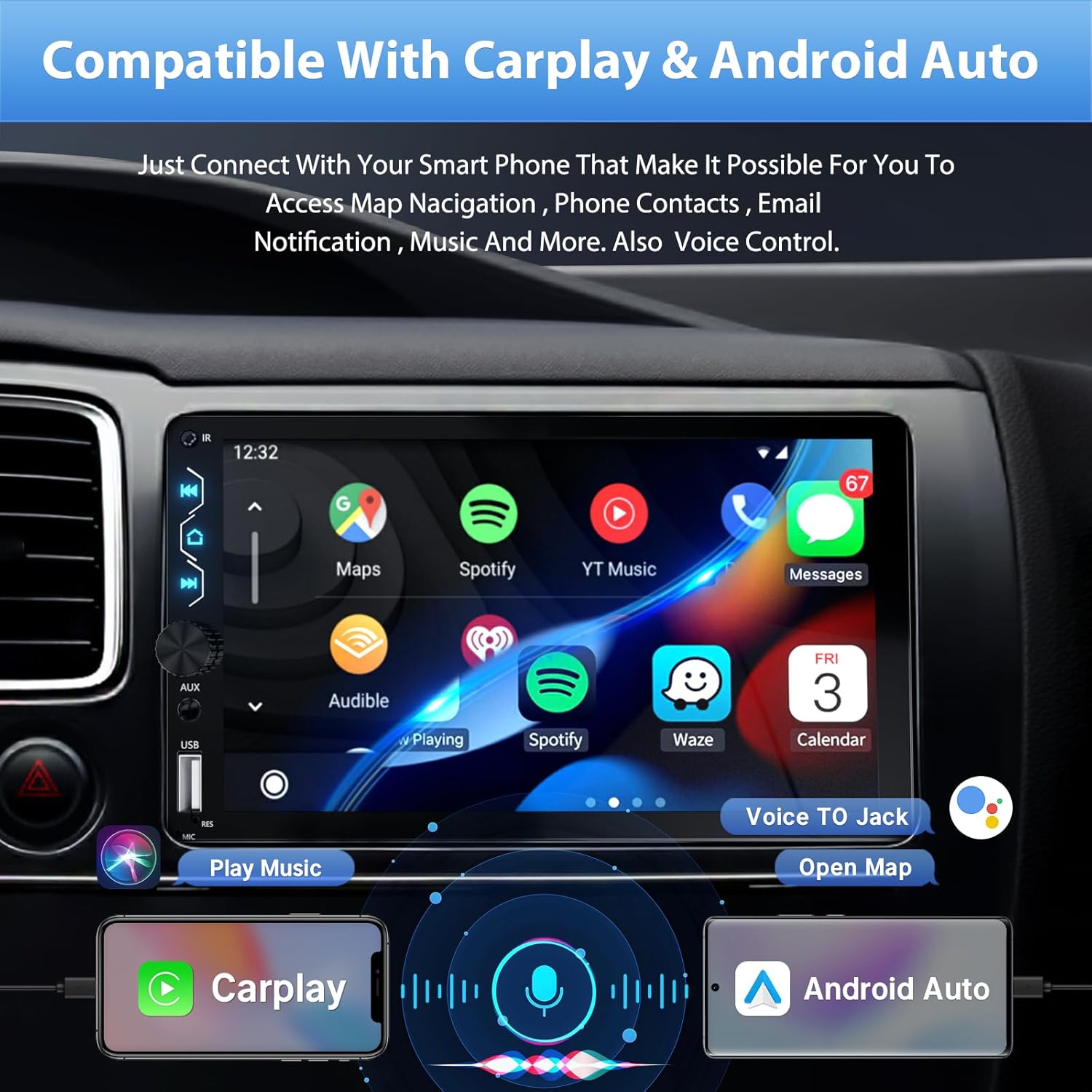 Double Din Car Stereo with Dash Cam,Compatible with Apple Carplay,Android Auto,7 inch Touch Screen Car Radio with Backup Camera Bluetooth Support Mirror Link Navigation FM Radio