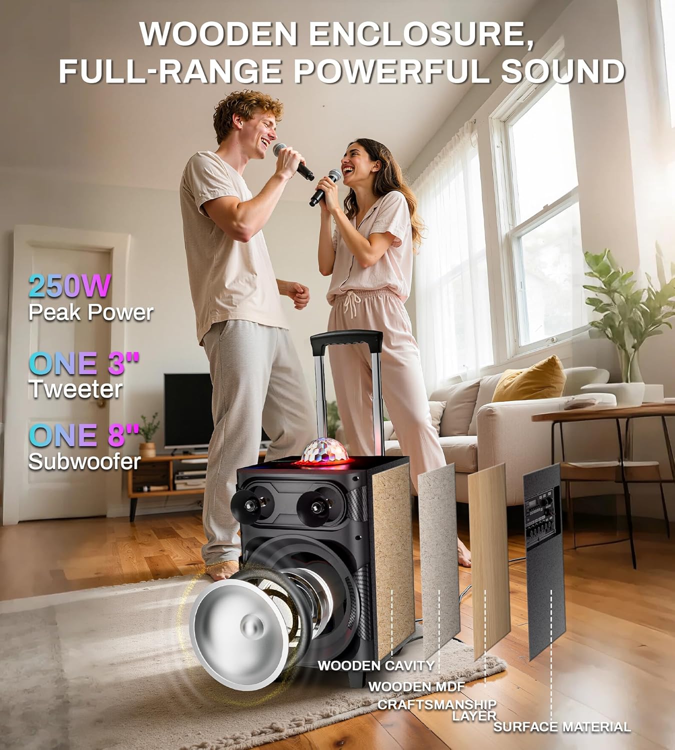 Karaoke Machine for Adults with 2 Wireless Microphones Portable Party Speaker BT PA System with Disco Ball LED Lights, Tablet Lyrics Display Holder, Remote Control, Rolling Wheels and Trolley