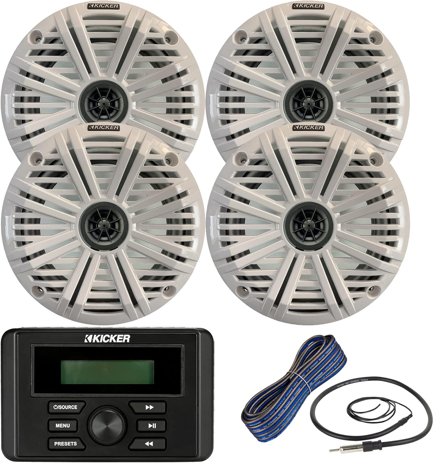 Kicker Weather-Resistant Marine Bluetooth USB RCA Stereo Receiver Bundle Combo with (QTY 4) 6.5