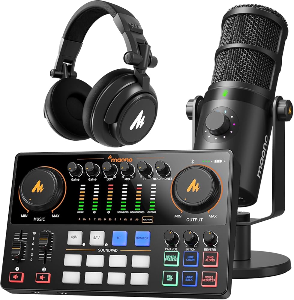 MAONO Podcast Equipment: Audio Interface, USB/XLR Dynamic Mic and Headphones with Dual XLR Input, Quick to Mute, Noise Reduction, 8 Customize soundpads for Podcast Recording, Streaming, YouTube