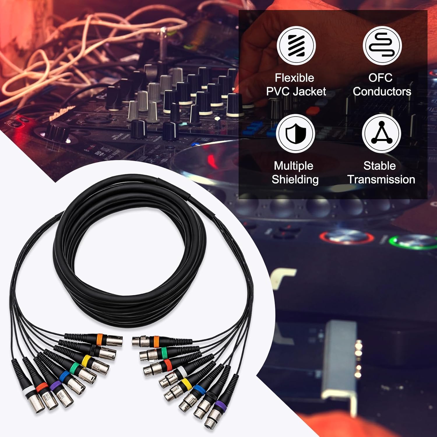 25FT 8 Channel XLR Snake Cable, 8 Colored XLR Male to Female Microphone Patch Cable for Recording, Live, Stage, Studios