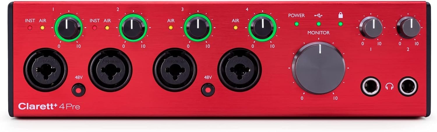 Audiosavings Bundle: Focusrite Clarett+ 4Pre Interface Bundle with Rockville PRO-M50 Headphones, RCM03 Mic, ROCKSHIELD 3, Rockville RVSM1 Pair + Pair Rockville RRS190S(6 Items)