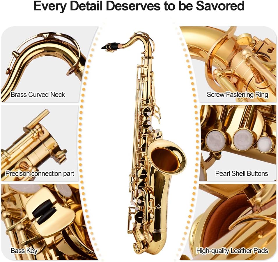 Saxophone Tenor BB Sax Brass Body Gold Lacquered Surface Wood Wind Instrument with Carrying Case Gloves Cleaning Cloth Brush Sax Neck Straps