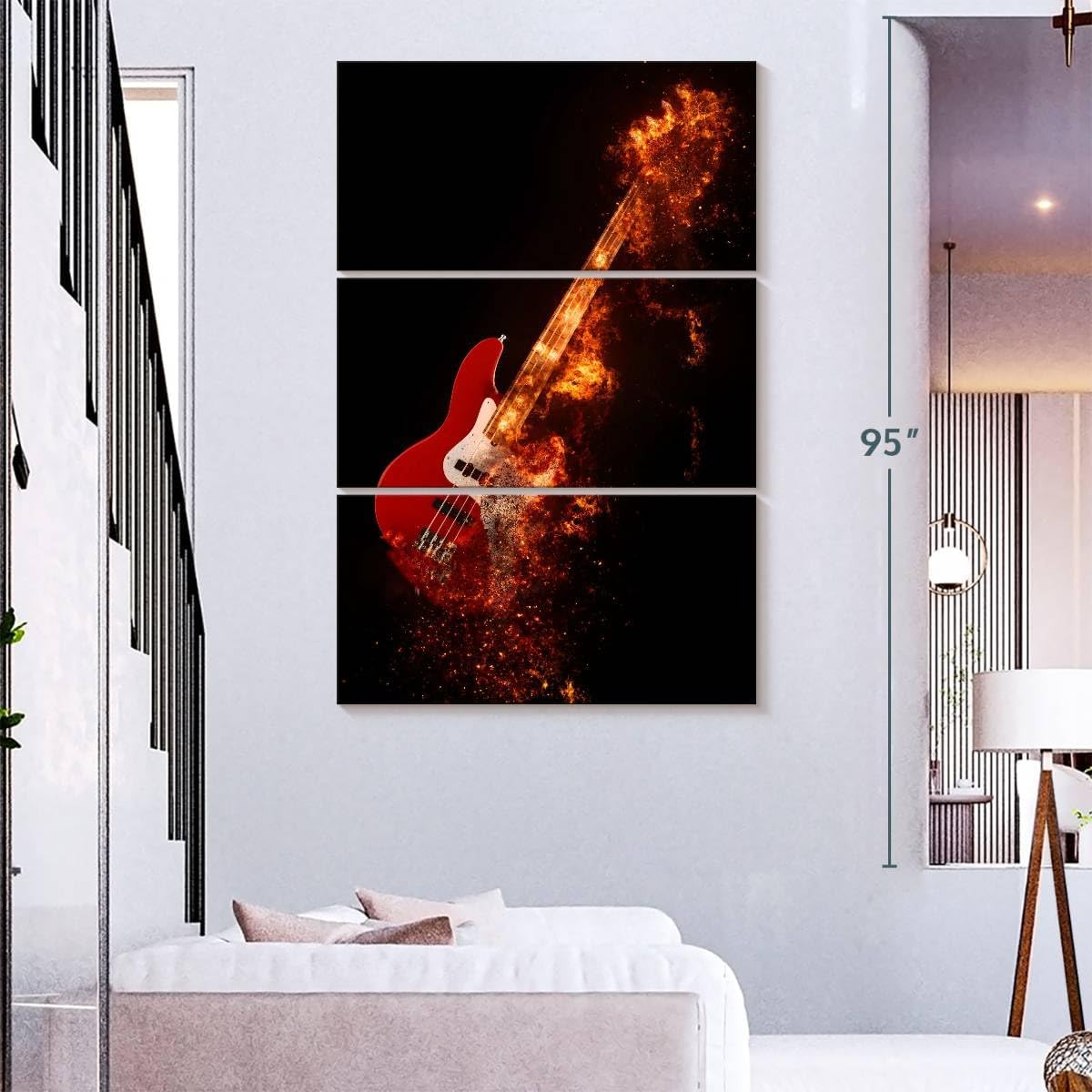 ElephantStock - Flaming Bass Guitar Wall Art - Vertical Multi Panel Canvas - 3 Piece Living Room Wall Decor - Digital Art Music Multi Piece Wall Art - Black And Orange Decor - 48