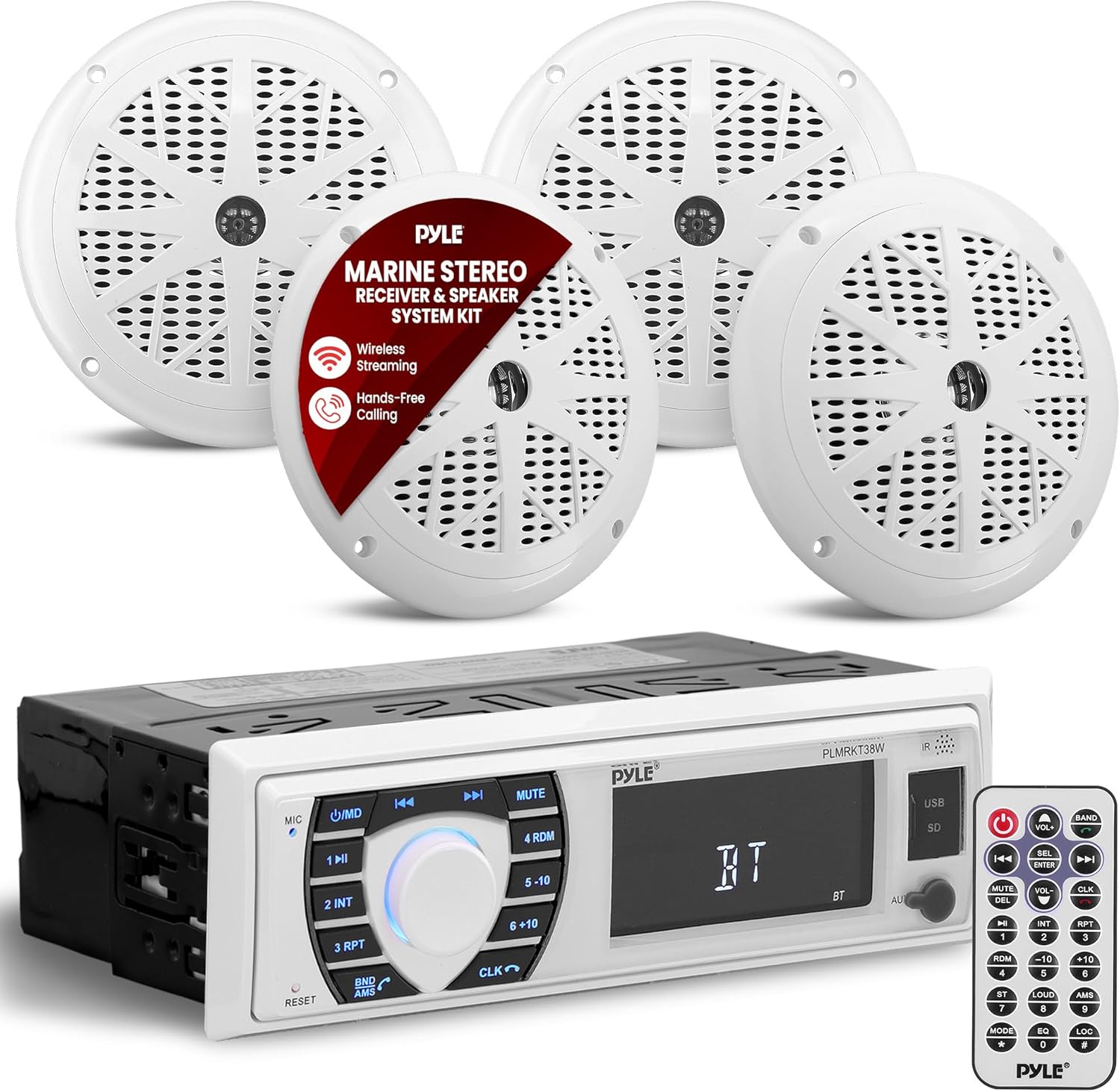 Pyle Marine Radio Receiver Speaker Set 12v Single Din Style Bluetooth Compatible Waterproof Digital Boat In Dash Console System with Mic 4 Speakers, Remote Control, Wiring Harness PLMRKT38W (White)