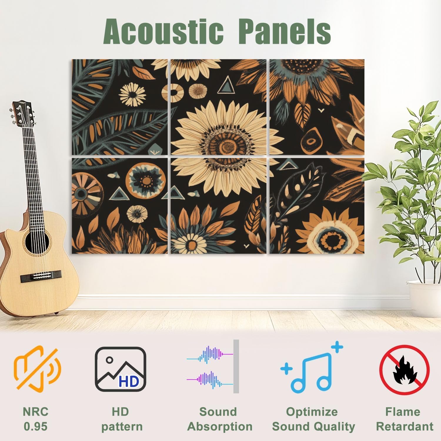 6 Pack Art Acoustic Panels Sound Absorbing Floral Boho Brown Peachpuff Green Retro Sunflowers Leaves Geometric Decorative Soundproof Wall Panels Self Adhesive for Recording Studios Office 72