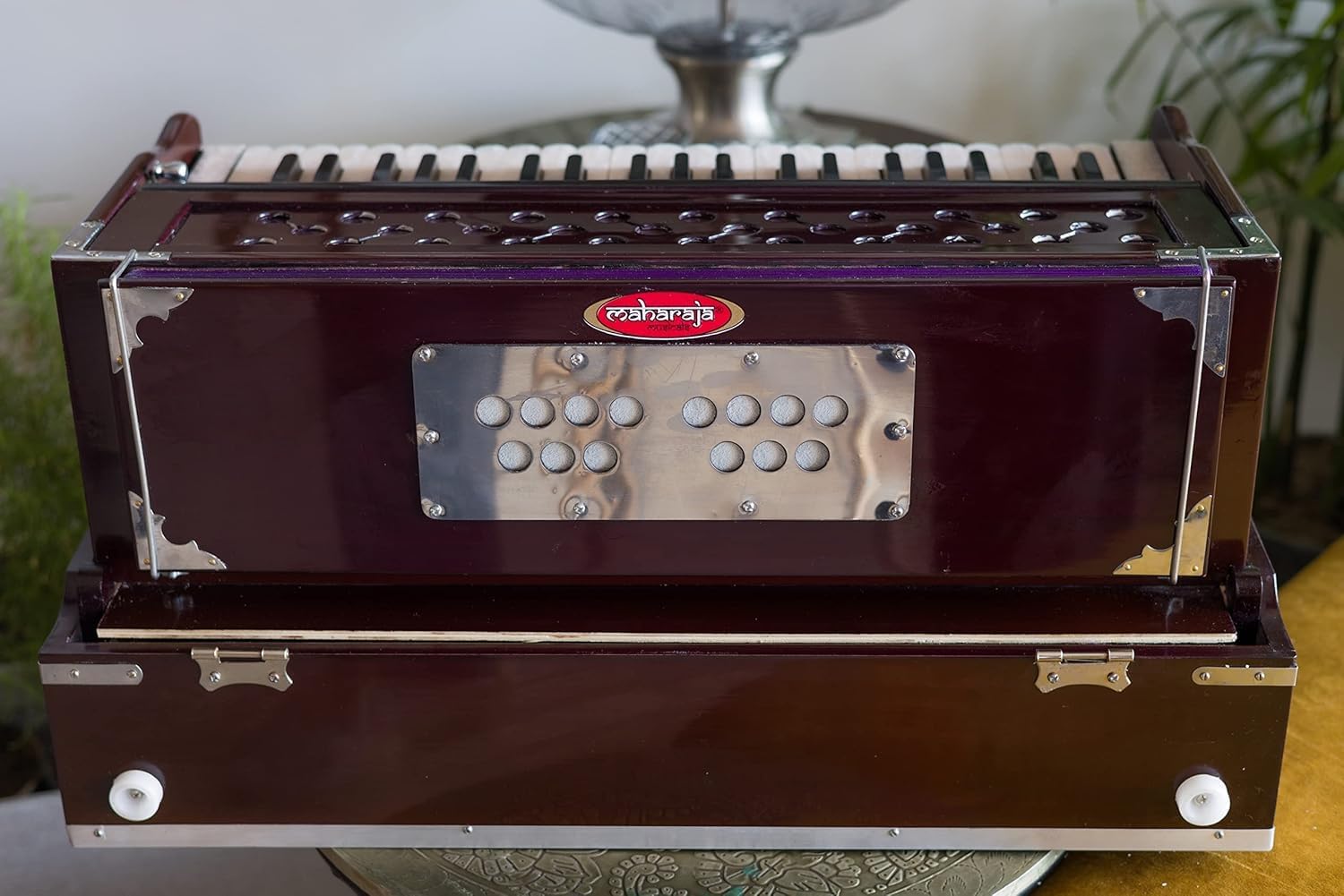 Maharaja Musicals, (Model 2025-26) Folding Harmonium Instrument, In USA, 9 Stops, Rosewood Color, Safri, 3 1/2 Octave, Coupler, Bag, Tuned To A440, Musical Instrument Indian-AHF