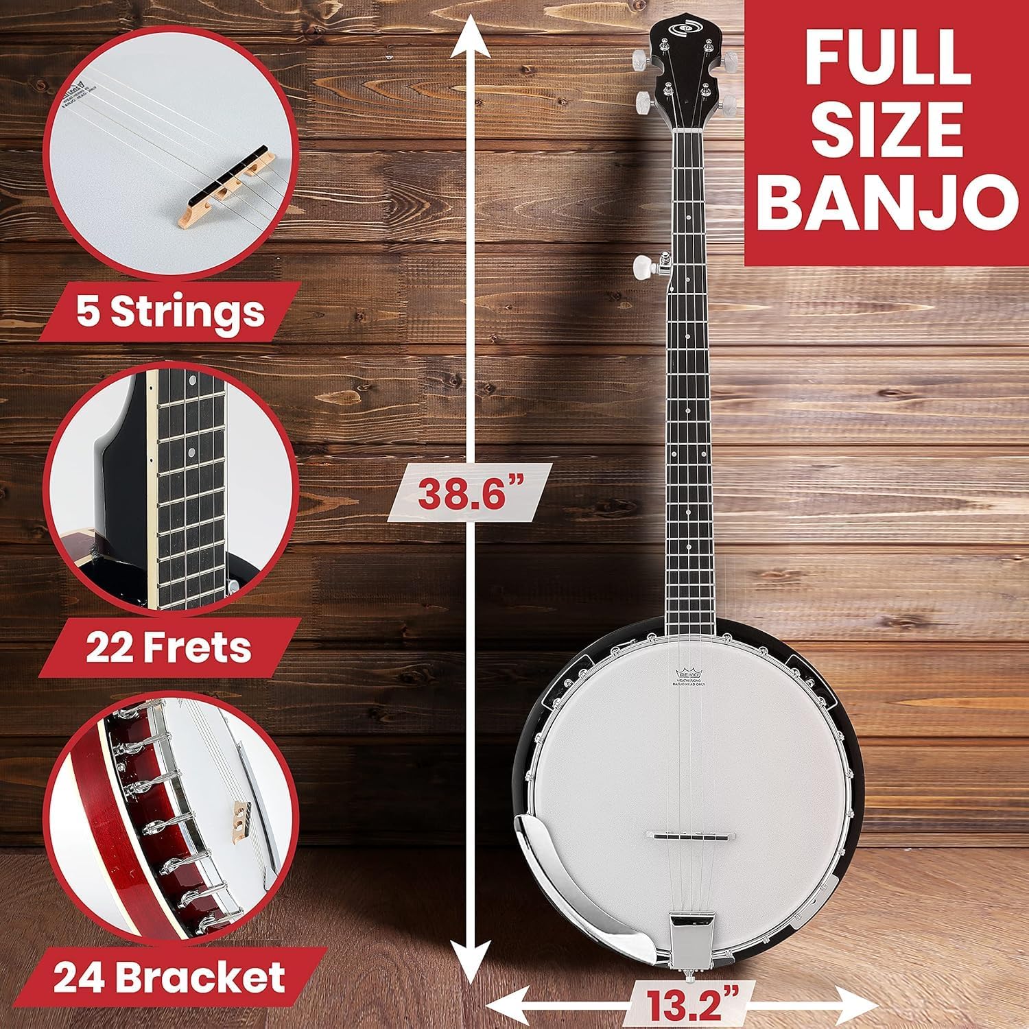 Pyle 5 String Resonator Banjo - Full Size 24 Bracket, Geared 5th Tuner Professional Instrument w/Remo Drum & Hardwood Back - Full Beginner Starter Kit Gig Bag, Tuner, Strings, Picks, Strap, Tools