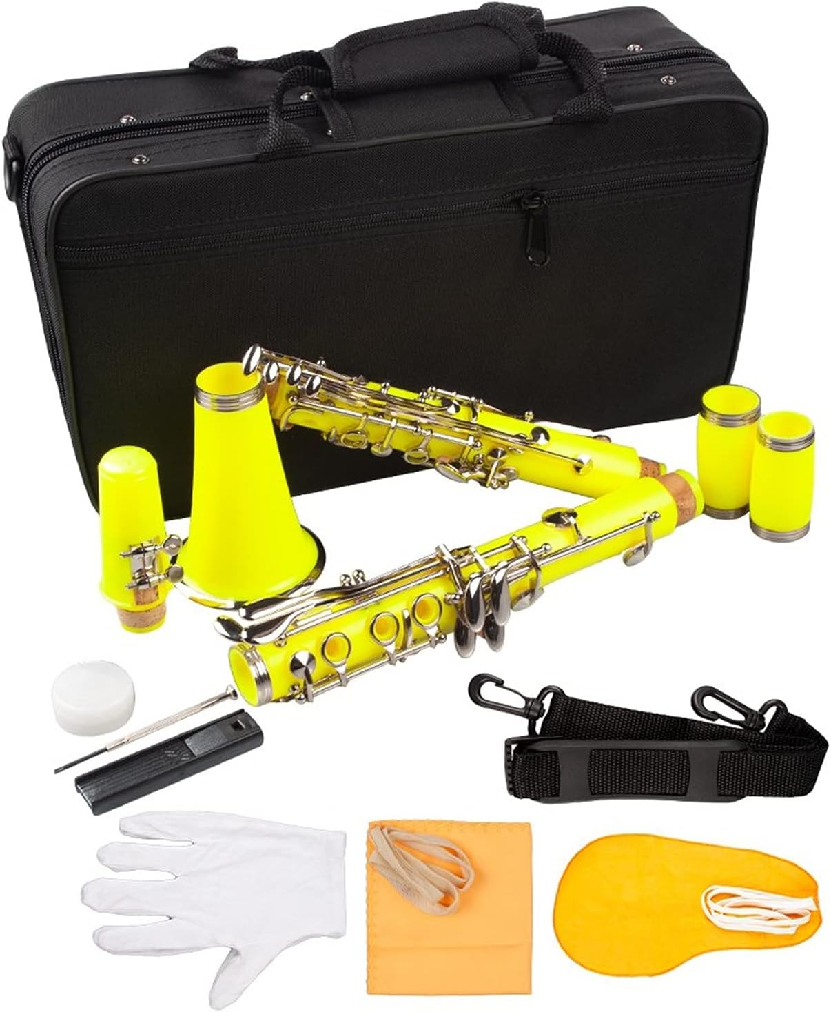 Standard Clarinet Yellow ABS Clarinet Bb Cupronickel Plated Nickel 17 Key with Cleaning Cloth Gloves Woodwind Instrument Beginner Clarinet