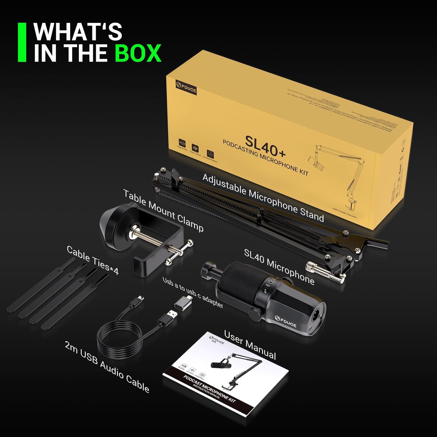 FDUCE Dynamic Microphone, XLR/USB Podcast Recording PC Microphone for Vocal Voice-Over Streaming, Studio Metal Mic with Mute, Headphone Jack, Monitoring Volume Control, with Boom Arm (SL40+)