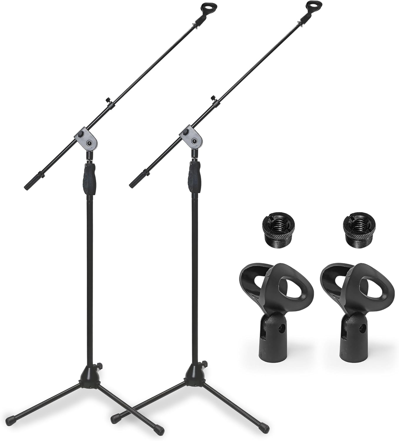 AxcessAbles AXCMS-201TB One Hand Microphone Stand with Tripod Base and Quick Grip Height Adjustment - Telescoping Mic Boom Arm Included. Tall Microphone Stand for Singing 2-Pack