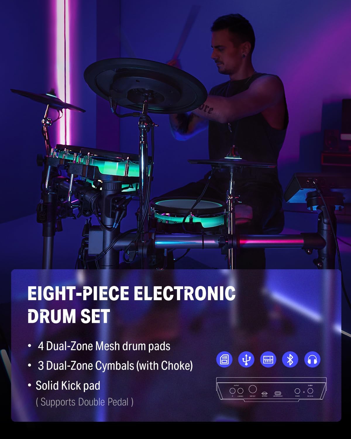 Donner BackBeat Electric Drum Set with High-Tech 7-inch Touchscreen, 1126 Sounds, Customize Drum Pad Colors, Internal Rack Wiring, and Gaming APP for Ultimate Fun