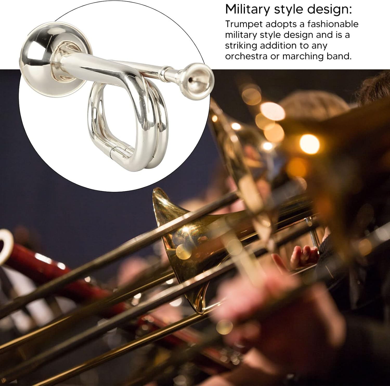 Military Bugle Brass Cavalry Trumpet with Mouthpiece for Beginners Marching Band Cavalry Style Outdoor Ceremonies(Silver)