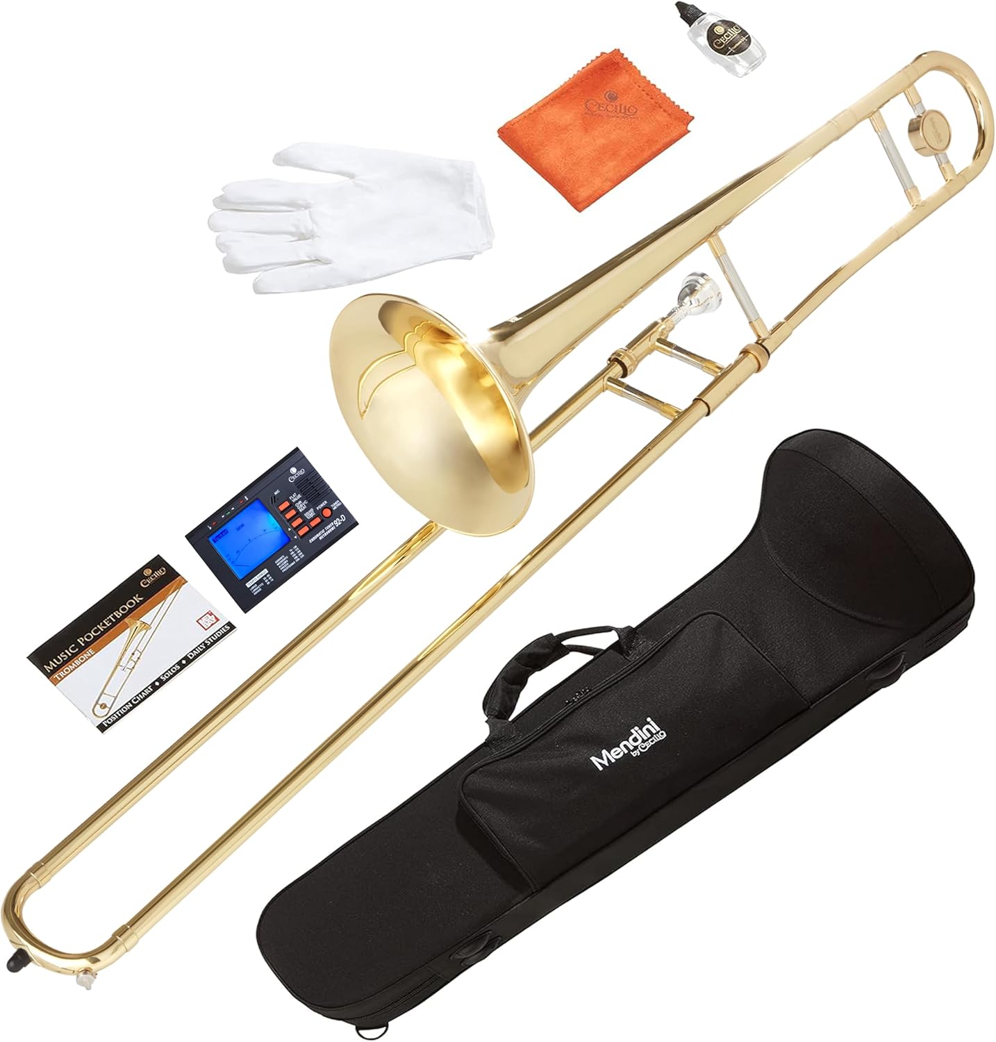 Mendini by Cecilio Bb Tenor Slide Trombone for Beginners - B Flat Brass Plated Trombone Instrument for Students with Tuner, Music Book, Hard Case, Mouthpiece, Cleaning Kit & Gloves (Gold)