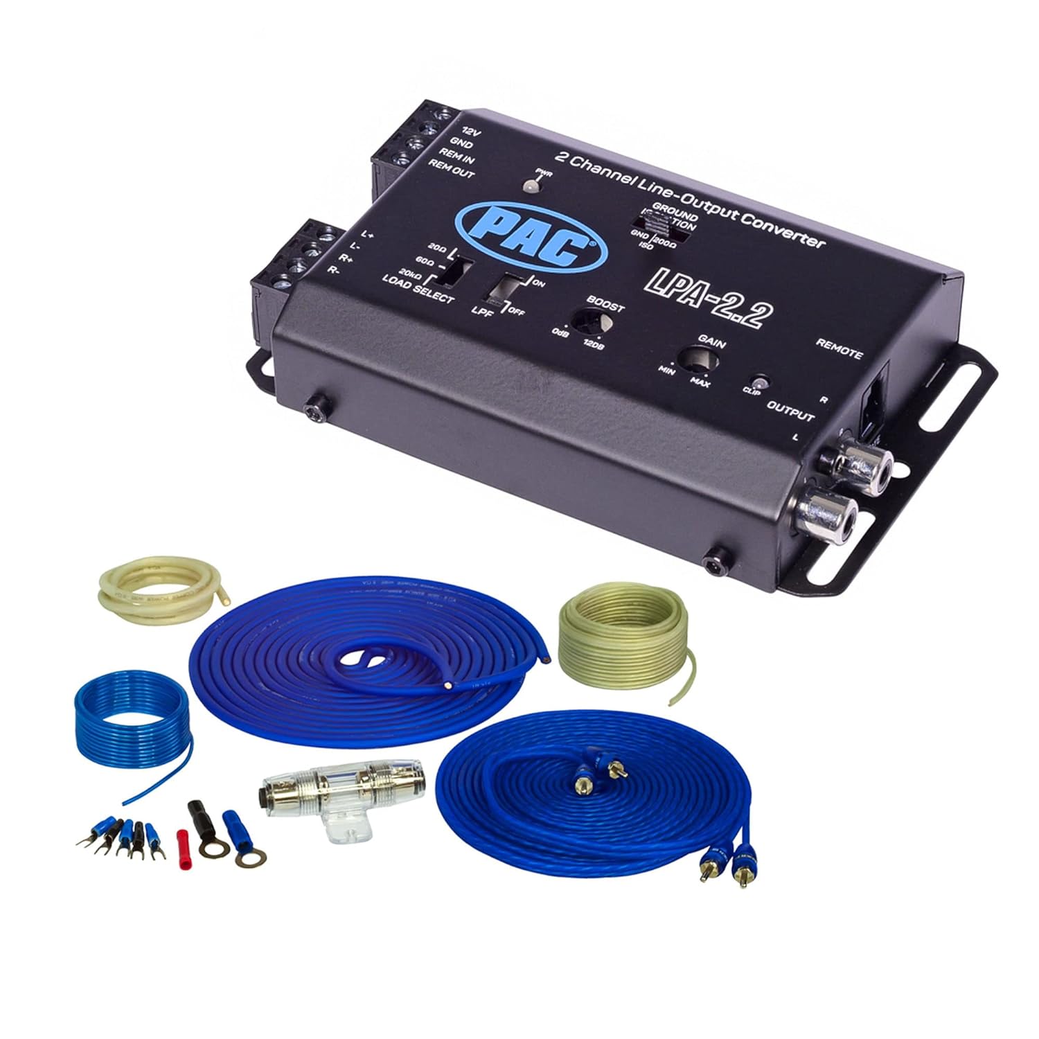 Stinger SS600XS 8 Gauge Pure Copper Wiring Kit with LPA-2.2 LOCPRO Advanced 2 Channel in-2 Channel Out, Line Output Converter w/Remote Turn-On Circuit, Bass Boost, and Low Pass Crossover