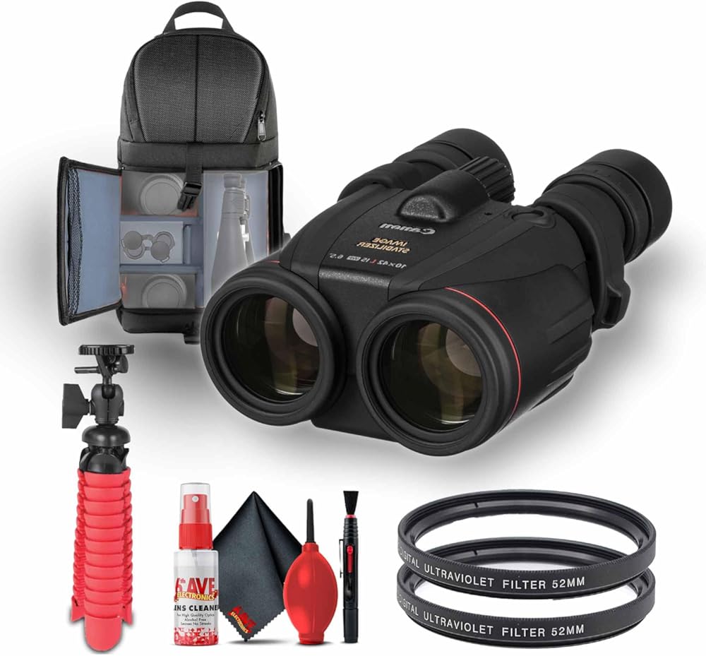 Canon 10x42 L is WP Image Stabilized Binoculars 6.5 Degree Angle of View (0155B002) + 2 x UV Filter + Backpack + Flexible Tripod + Cleaning Kit (Renewed)
