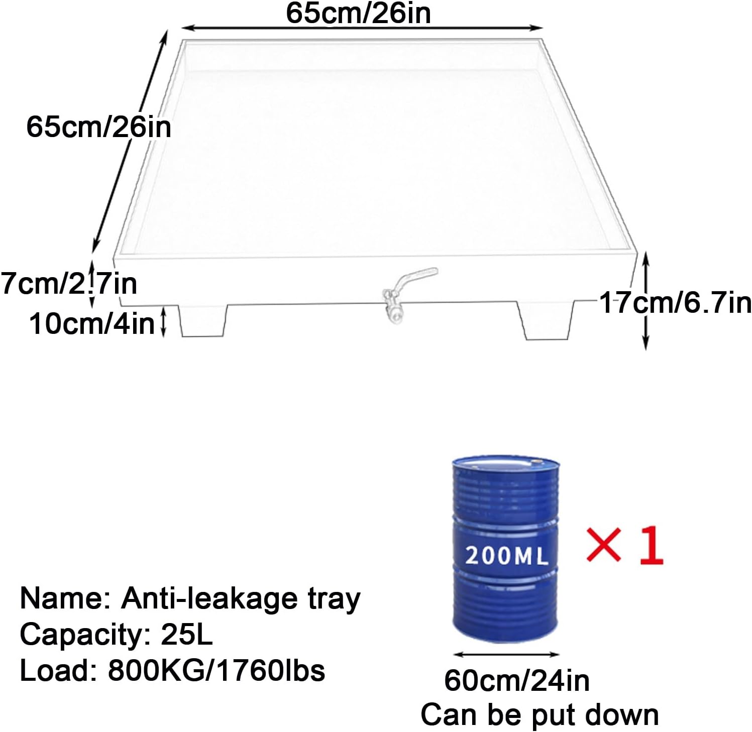 Leakproof Spill Containment Pallet with Drain, Metal Platform Pallet with Top Grating, for Washing Machine Oil Drums(Blue,65cm/26in)