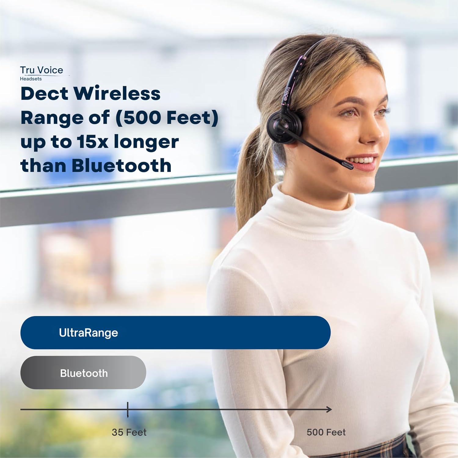 TruVoice Agent AW70 Wireless DECT Headset with Noise Canceling Microphone and Remote Answer Cable Compatible with Most Mitel Desk Phones - 3-in-1 Connection for Phone, PC and Cell.