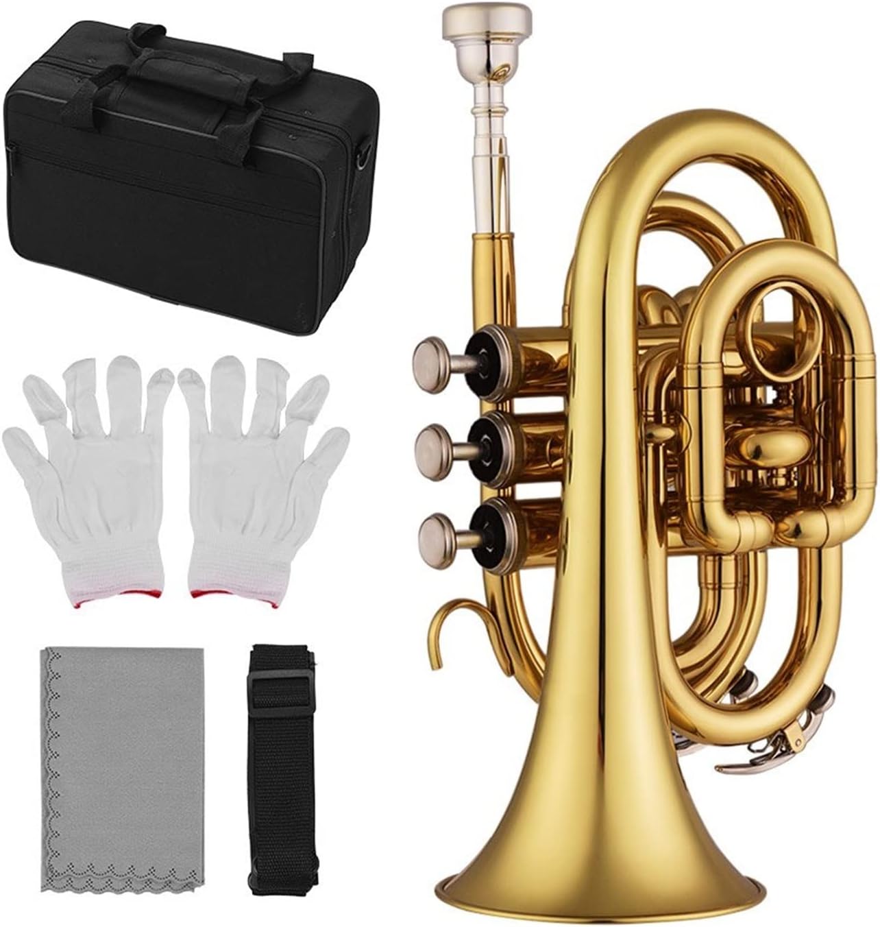 KESHUO Mini Pocket Trumpet Bb Flat Brass Wind Instrument with Mouthpiece Gloves Cleaning Cloth Carrying Case Trumpets (Color : Gold)