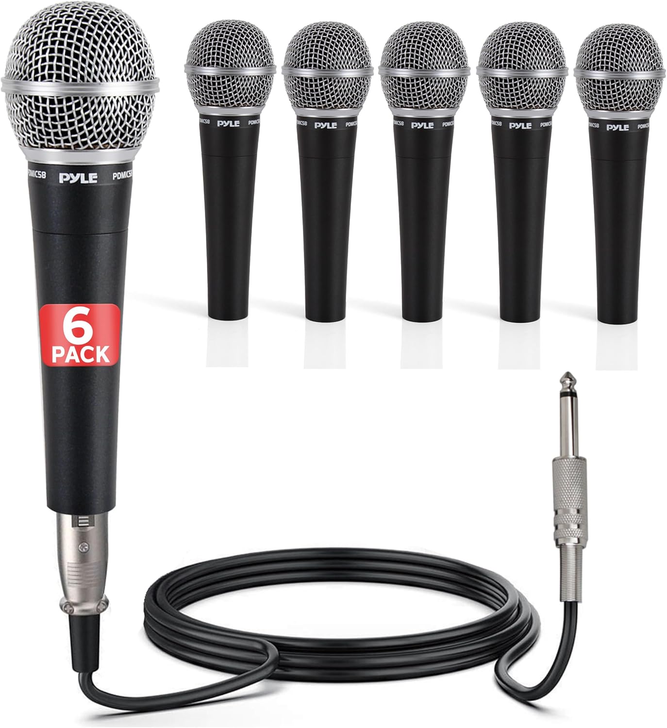 Pyle Professional Dynamic Microphone - 6-Pack Unidirectional Handheld Mic with Built-in Pop Filter, High Signal Output, 15 ft. XLR Audio Cable, Ideal for Stage, Karaoke & Studio Performances