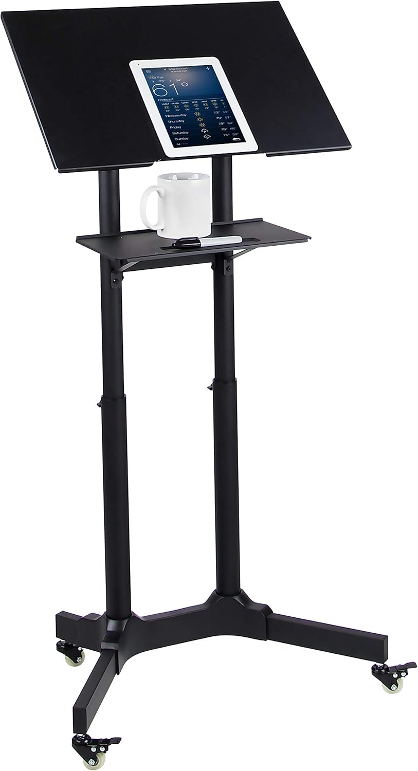 Mount-It! Mobile Podium Stand with Wheels, Adjustable Height Rolling Lectern, Portable Standing Desk with Tilted Shelf and Storage for Office, Classroom, and Presentations