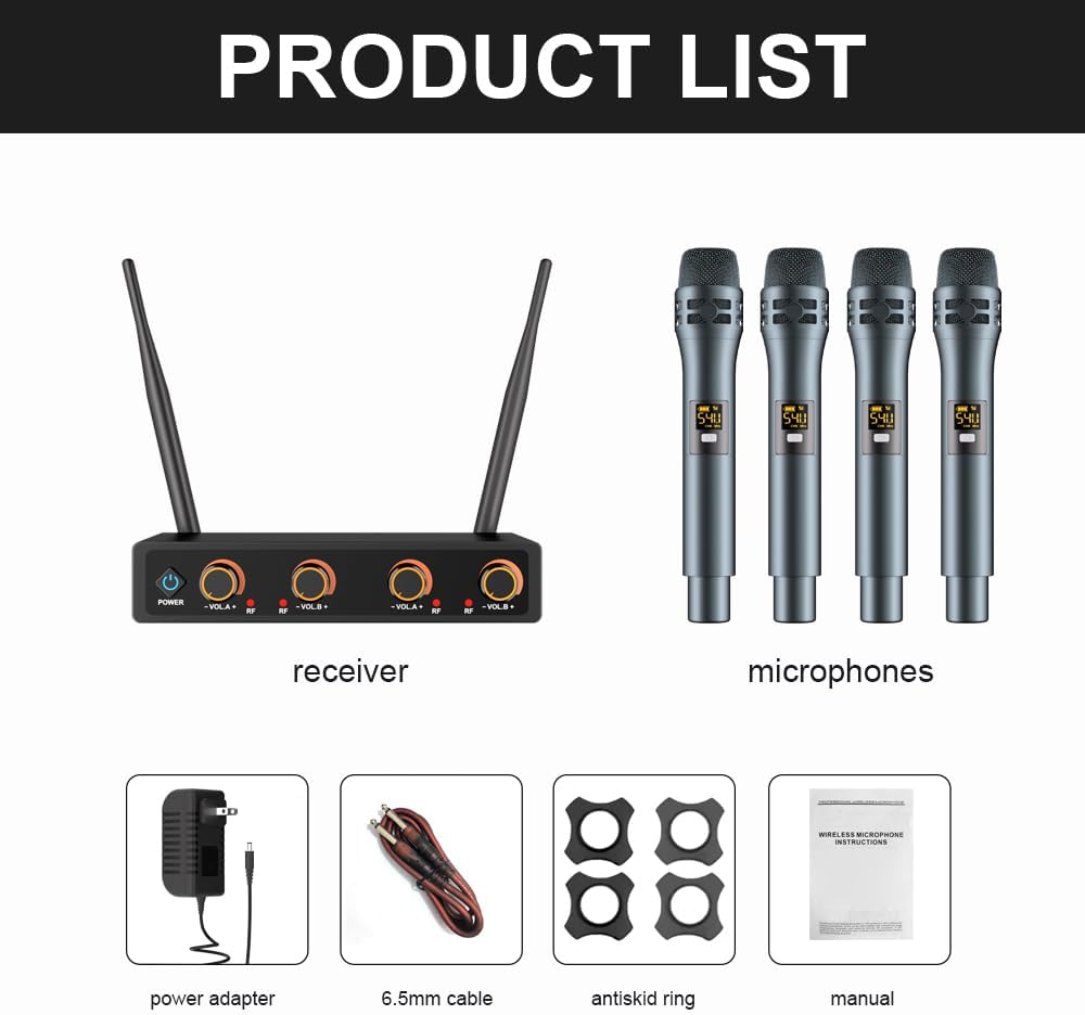 Wireless Microphone System with 4 Lavalier Microphones, Backpack Transmitter, 220 ft. Range, Ideal for Parties, Singing, Karaoke, Conferences, Churches.