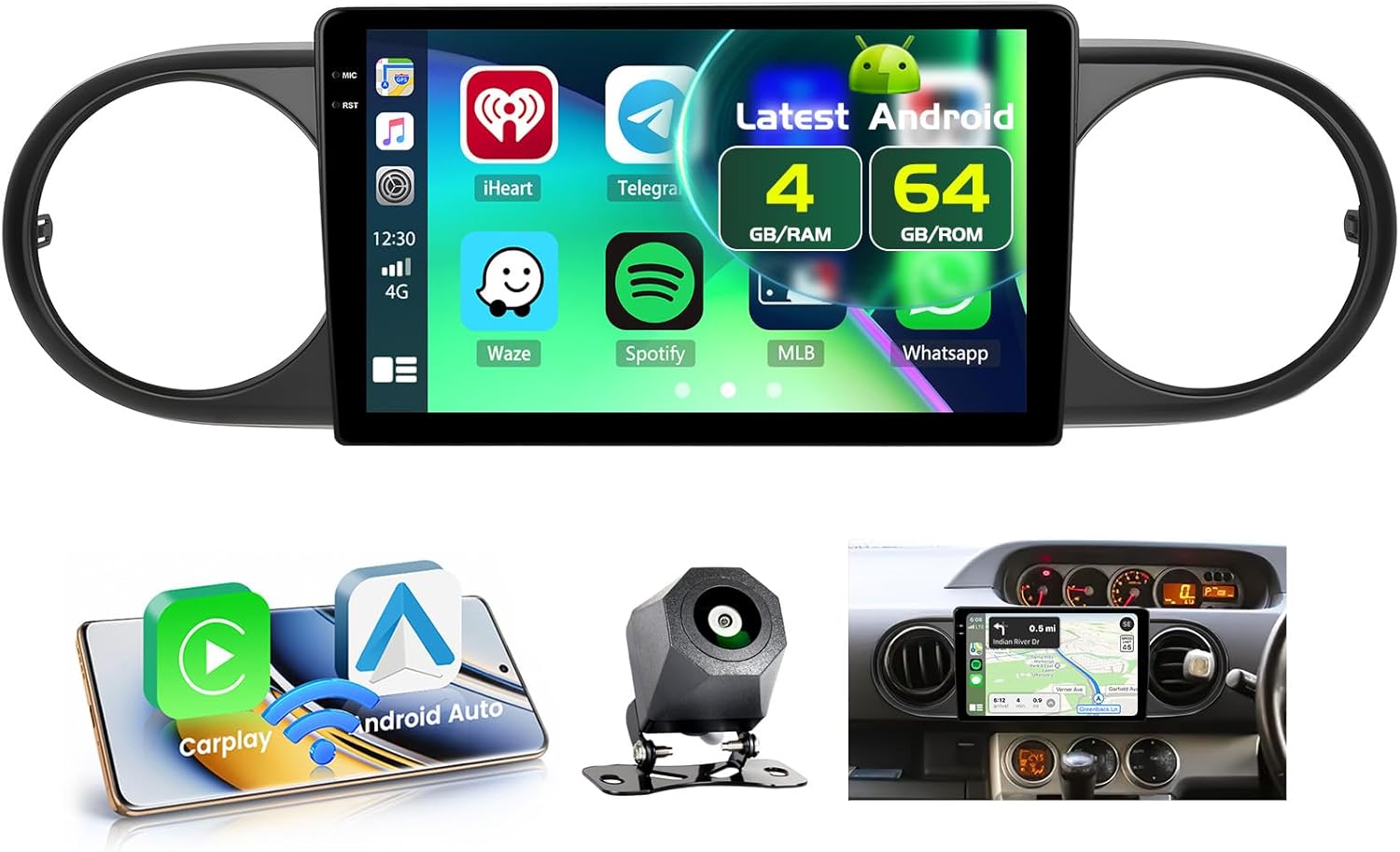 4+64GB Android 15 Car Stereo for Toyota Scion xB 2007-2019 Wireless Carplay Android Auto, 9 Inch Incell Touch Screen Car Stereo with GPS, Backup Camera, Bluetooth, FM/RDS, EQ, WiFi, SWC