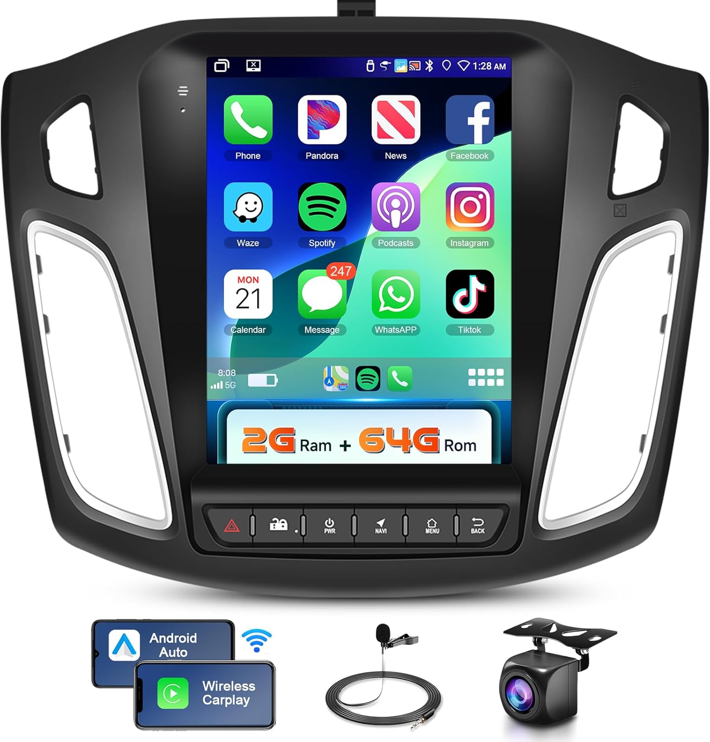 2G+64G Car Radio Stereo for Ford Focus 2012-2018 with Wireless CarPlay/Android Auto, 9.7 inch Android 13 Touch Screen Head Unit, HiFi Audio GPS Navigation WiFi Bluetooth SWC HD Backup Camera