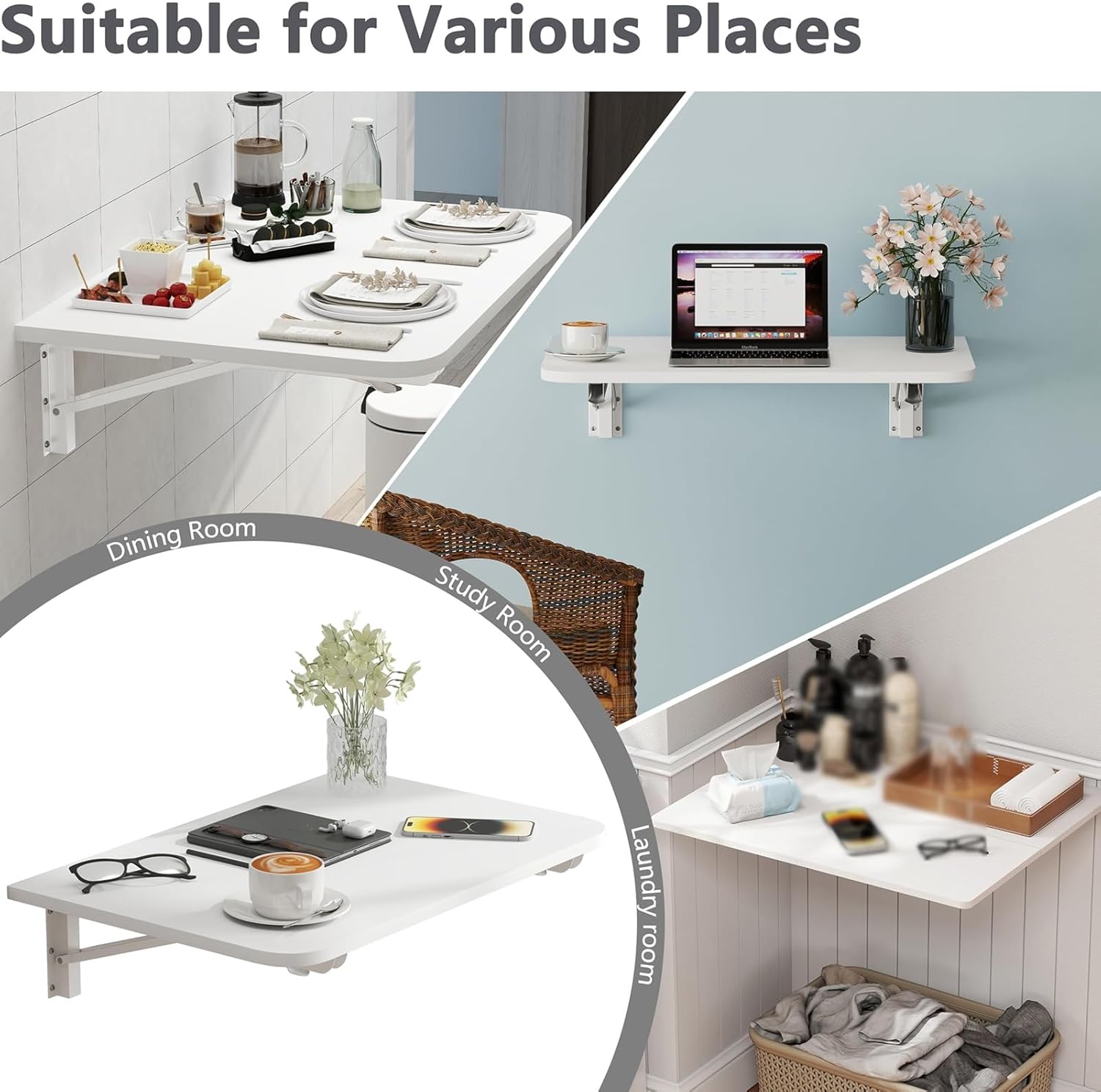 Wall Mounted Folding Table - Collapsible Desk for KitchenLaundry & Sewing Station - Space-Saving Floating Table (90x50cm) - Versatile Handicraft Production BarWhite