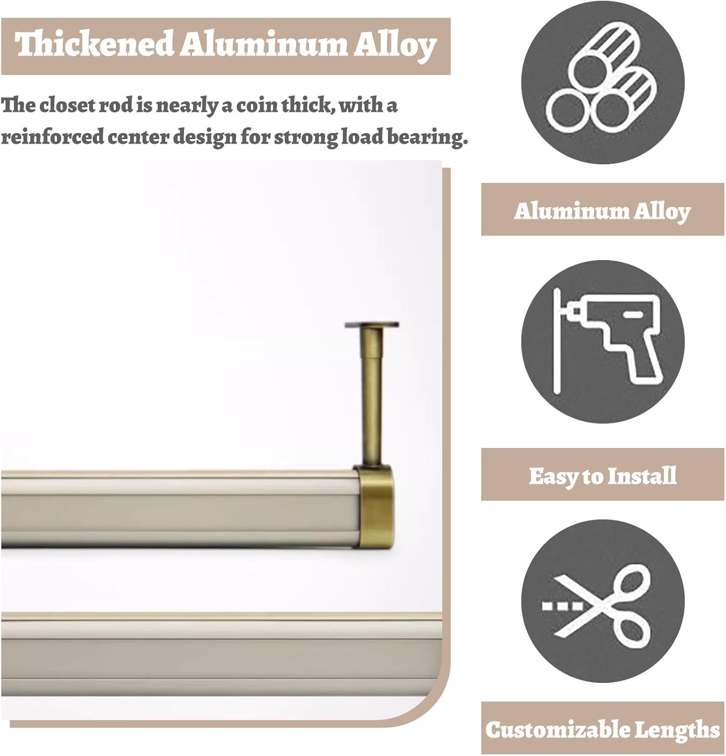 Corner Wardrobe Support System w/Connector, Closet Organizer Rods for Hanging Clothes, Coats Garment Hanger Rail for Top Mount, Storage Holders(Gold,120cm(47 1/4