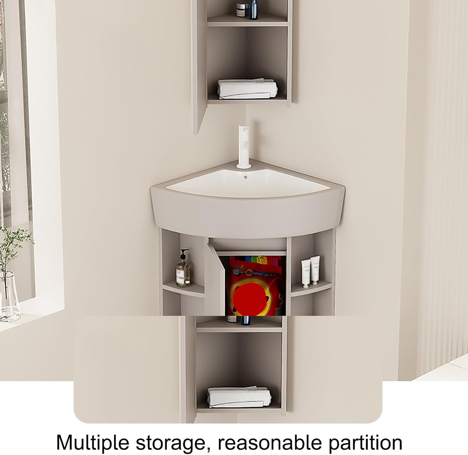 Wall Mount Corner Sink, Triangle Ceramic Wall Mount Sink with Storage Space, Corner Vanity with Mirror, Faucet, Accessories, for Small Space(48 * 48cm/19 * 19in)