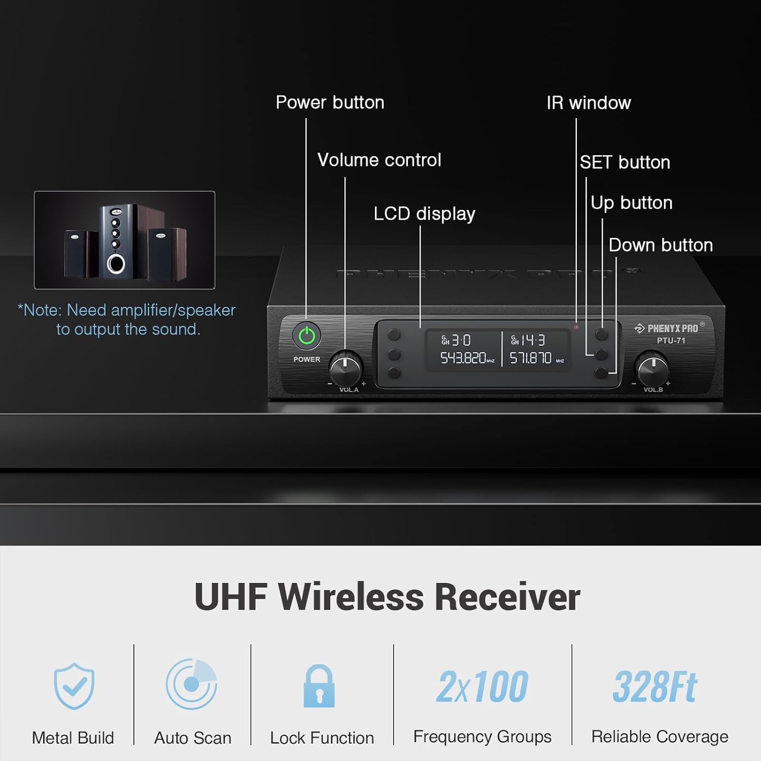 Phenyx Pro Dual UHF Wireless Microphone System，Auto-Scan Cordless Mic Set w/ 2x100 Frequencies, 2 Bodypacks & Headsets/Lapel Microphones for Speaking, Singing, Church, DJ (PTU-71-2B)