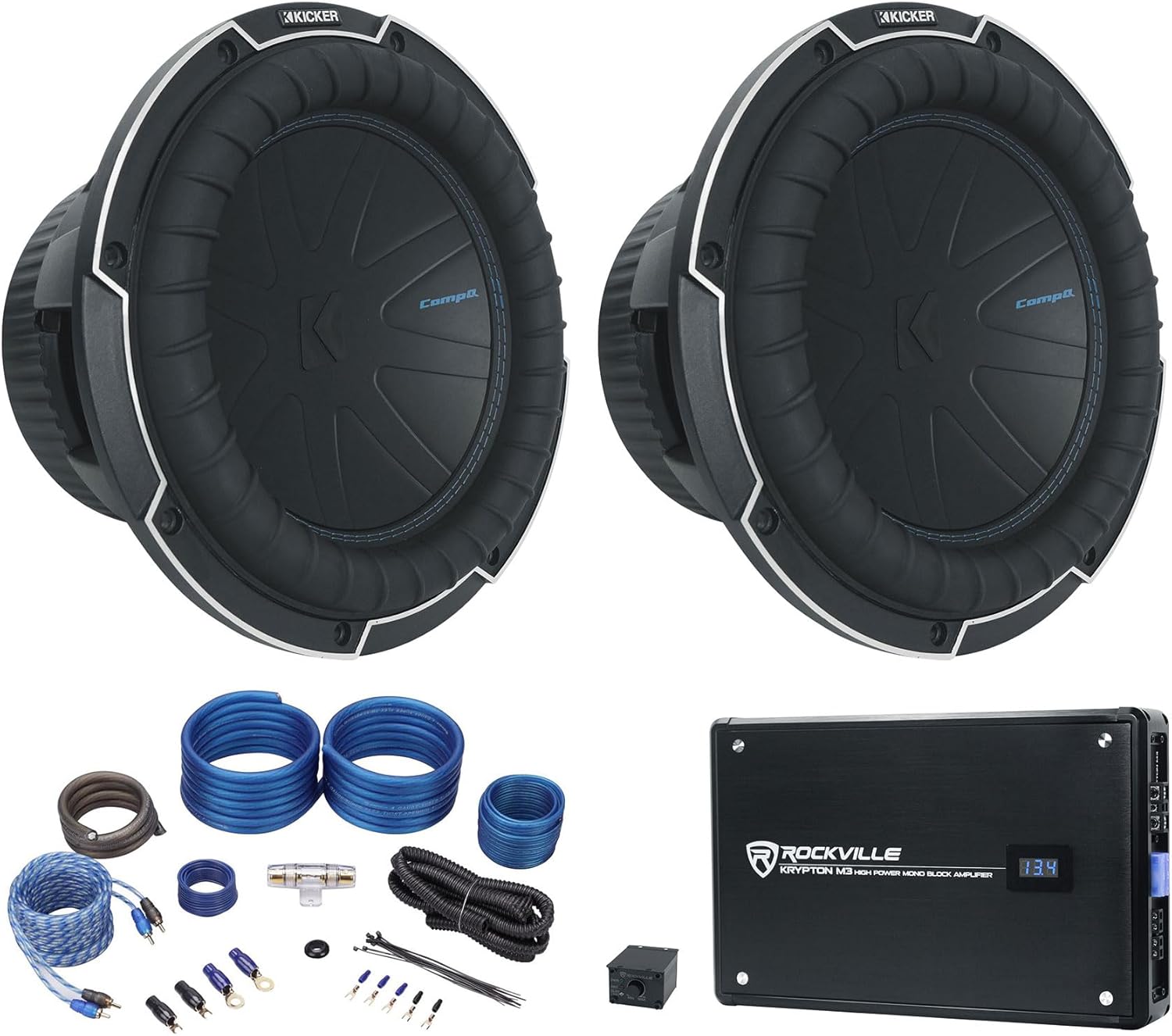 Audiosavings Bundle: (2) Kicker 51CWQ104 800 Watt Car Audio Subwoofer Bundle with Rockville Krypton-M3 RMS Mono Car Amplifier & Rockville RWK41 Car Amp Wiring Installation Wire Kit (4 Items)