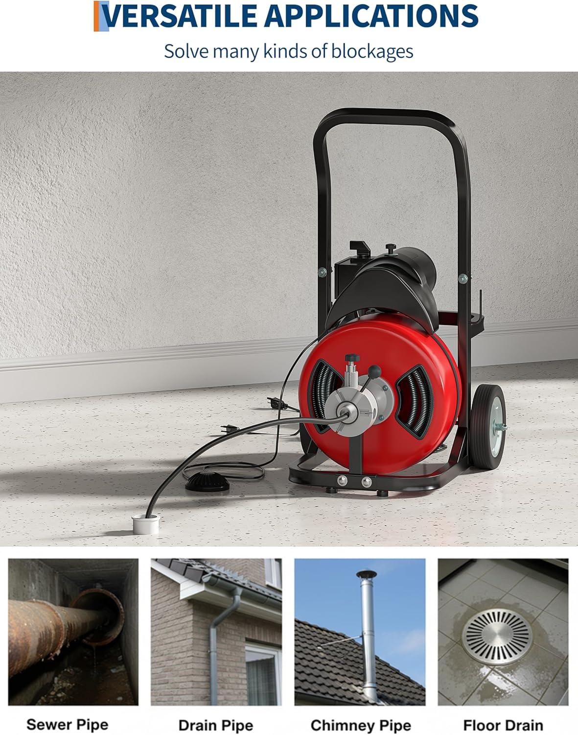 Portable 370W Electric Drain Cleaner Machine with 100FT x 1/2 Inch Steel Core Cable, Sewer Auger, Cutter, Air-Activated Foot Switch, and Wheels for Commercial and Home Use