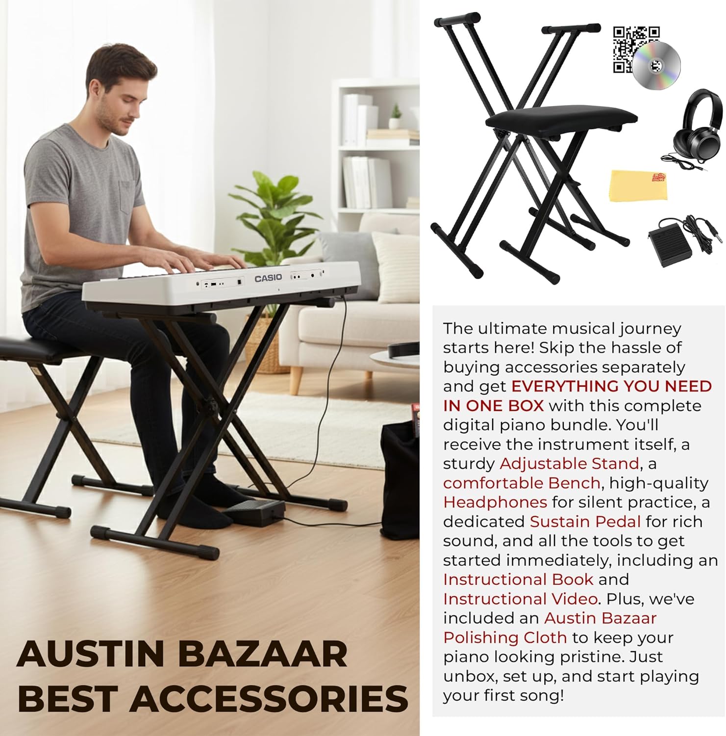 Casio CT-S1 Casiotone 61-Key Portable Keyboard - White Bundle with Adjustable Stand, Bench, Sustain Pedal, Headphones, Instructional Book, Instructional DVD, and Austin Bazaar Polishing Cloth