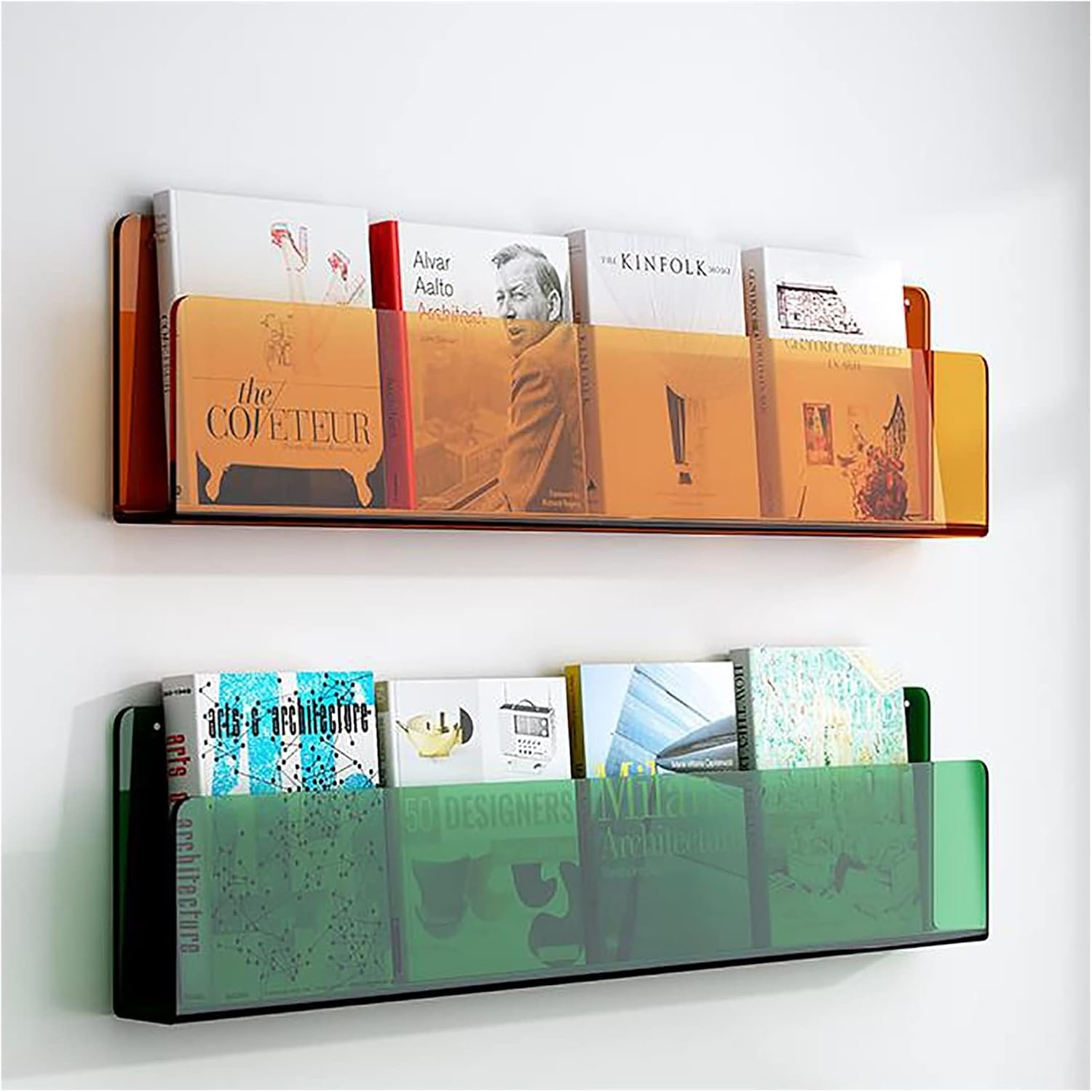 Acrylic Floating Shelves 2 Tier, Acrylic Brochure Holder Magazine Rack,Wall Mount Bookshelf Bathroom Floating Shelves Organizer for Office Waiting Room Home Display ( Color : Orange+Green , Size : L24