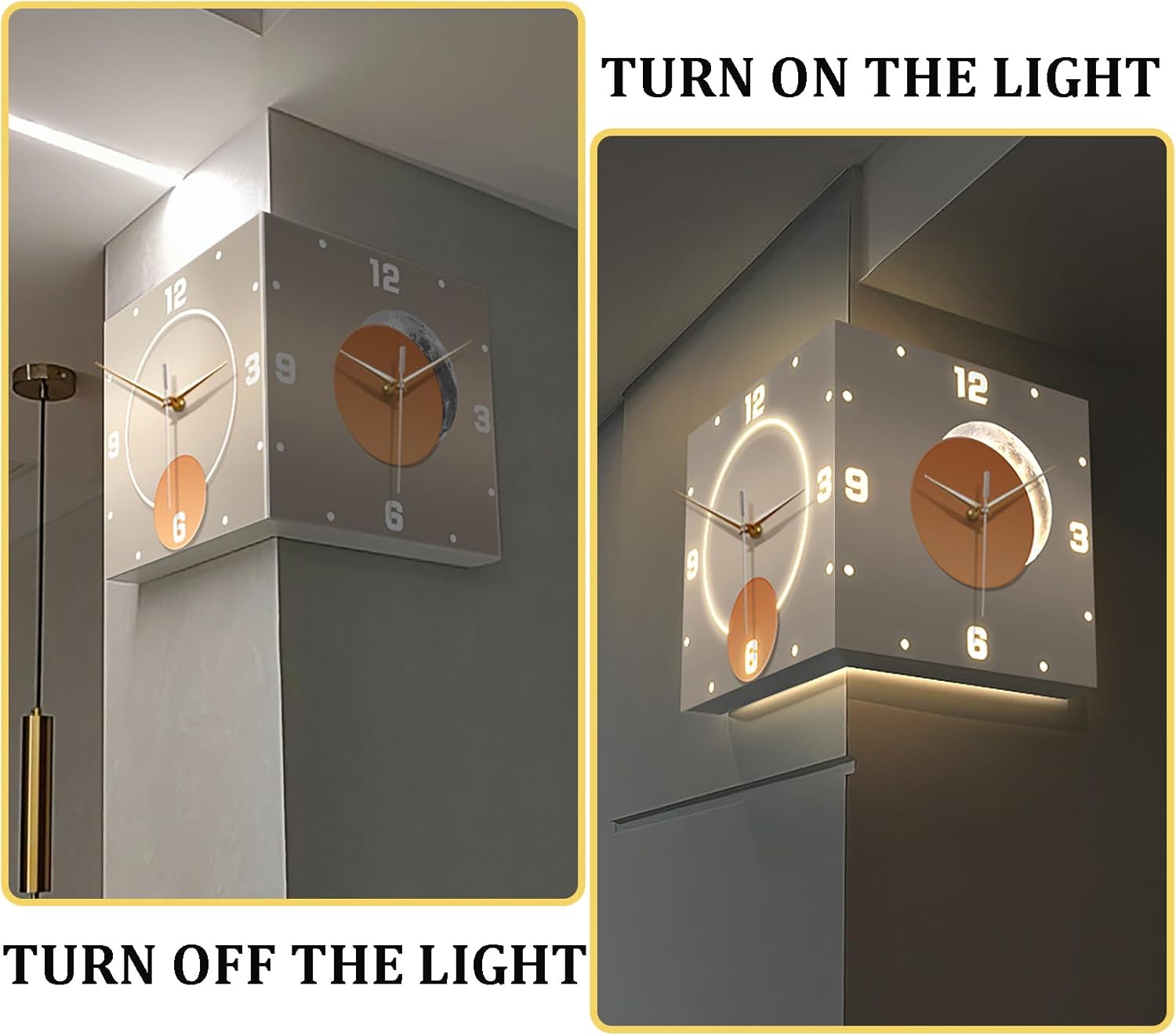 Double-Sided Corner Wall Clock with LED Light, Large Silent Digital Wall Mount Clock for Living Room, Bedroom, Home Decorative(16'', Sensor Luminous)