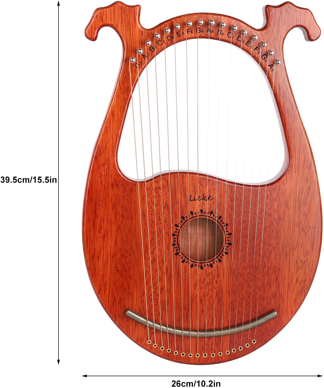 LIEKE Lyre Harp 16 Metal Strings,Mahogany Body and Copper Saddle,Mini Harp instrument Gift with Bag Tuning Wrench for Beginner Musician