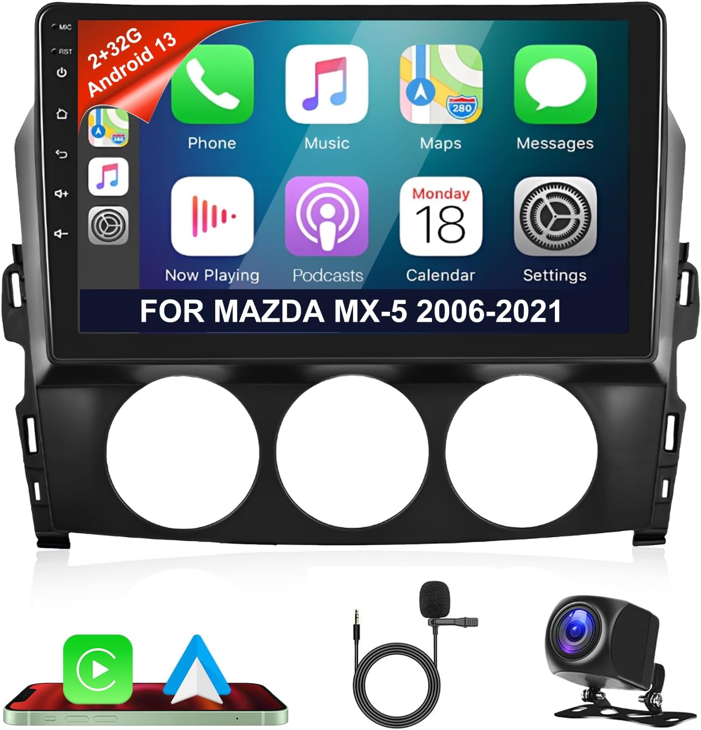 Android 13 Car Stereo for Mazda MX-5 2006-2021, 9” Double Din Touchscreen Bluetooth Radio with CarPlay Android Auto GPS Navigation EQ WiFi FM Dual USB Backup Camera MIC-【2+32】