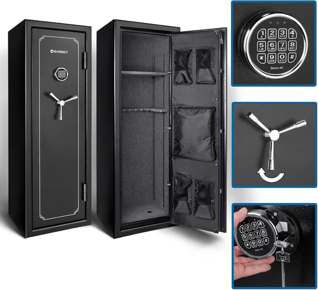 Barska FV-1000 Fireproof Vault Safe – 14-Rifle Capacity with Electronic Keypad, Pry-Resistant Door, 3 Steel Deadbolts, Fireproof 40 Min @1200°F, Removable Shelf