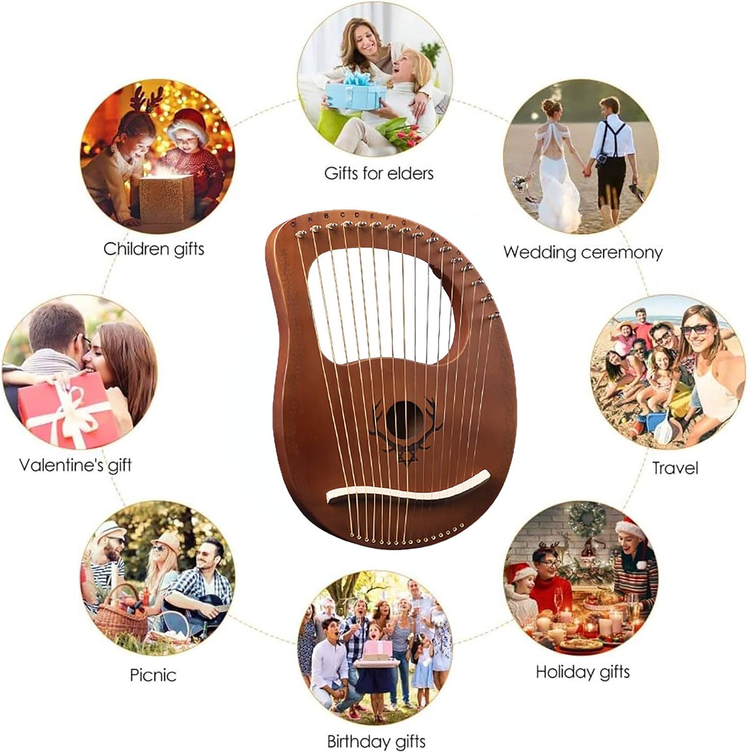 Lyre Harp 19 String Solid Wood String Instrument Heptachord Mahogany with Tuning Wrench, Picks and Bag, Best Gift for Beginners Music Lovers (Color : G)