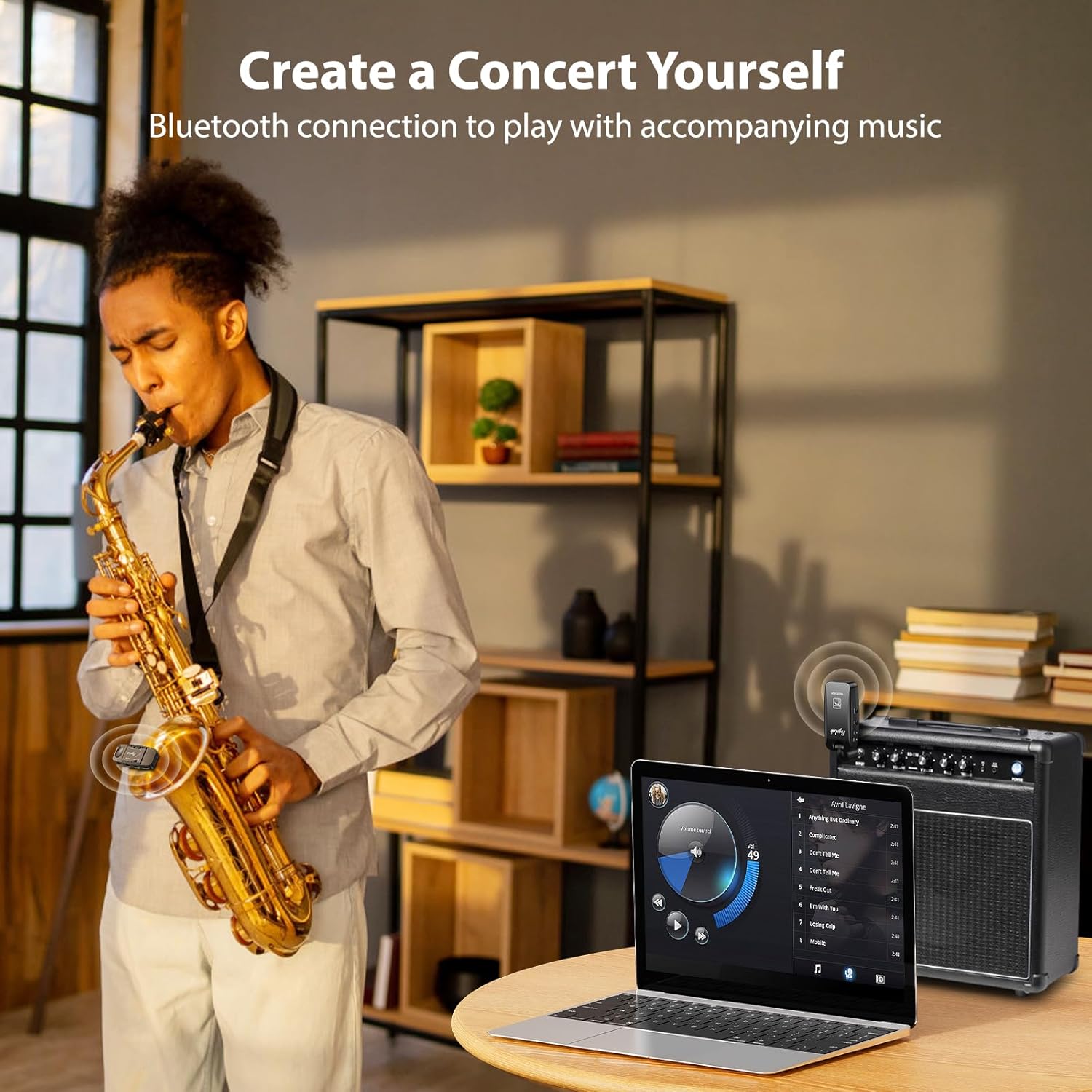 UHF Wireless Saxophone Microphone System, Rechargeable Mic Pickup System with Storage Case, 164 Feet Range, Clip-On Transmitter with Treble/Bass/Middle Adjustment, for Most Brass Instruments