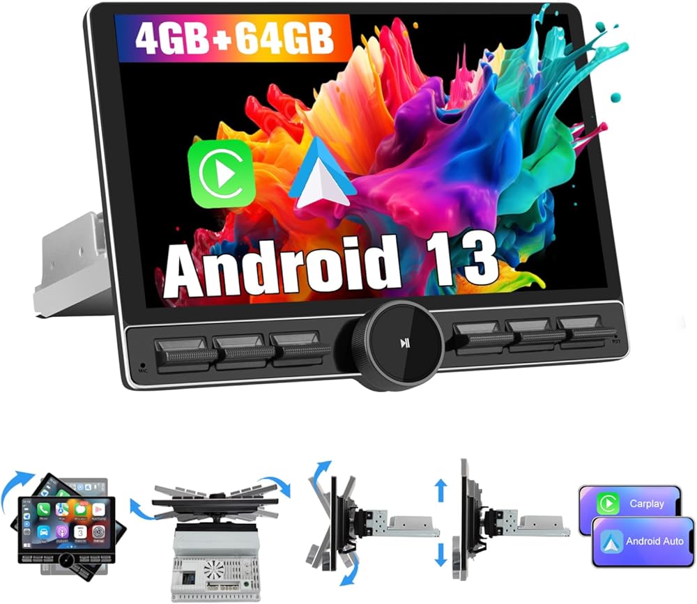 4G+64G Single Din Car Radio Upgrade Rotating,10.6 Inch Android 13 Car Stereo Replacement 10.6 Inch Touchscreen HeadUnit with CarPlay AndroidAuto/Bluetooth/GPS/FM/AM/BackCamera/SIM4G