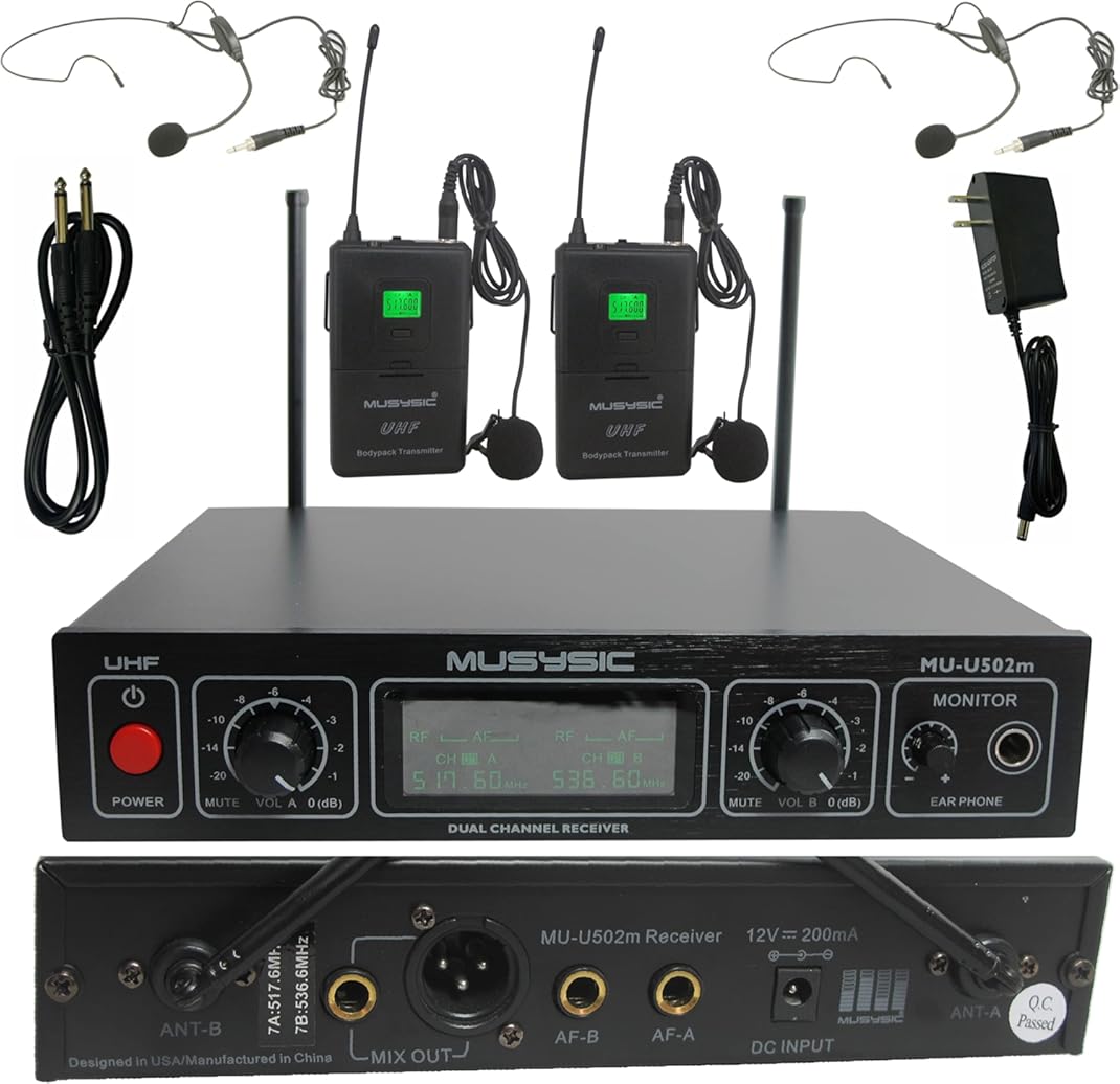 MUSYSIC Professional Dual Channel UHF Lapel Lavalier Headset Wireless Microphone System with Monitor Output, FCC Compliance Headsets for Karaoke System Church Speaking Conference Wedding Party