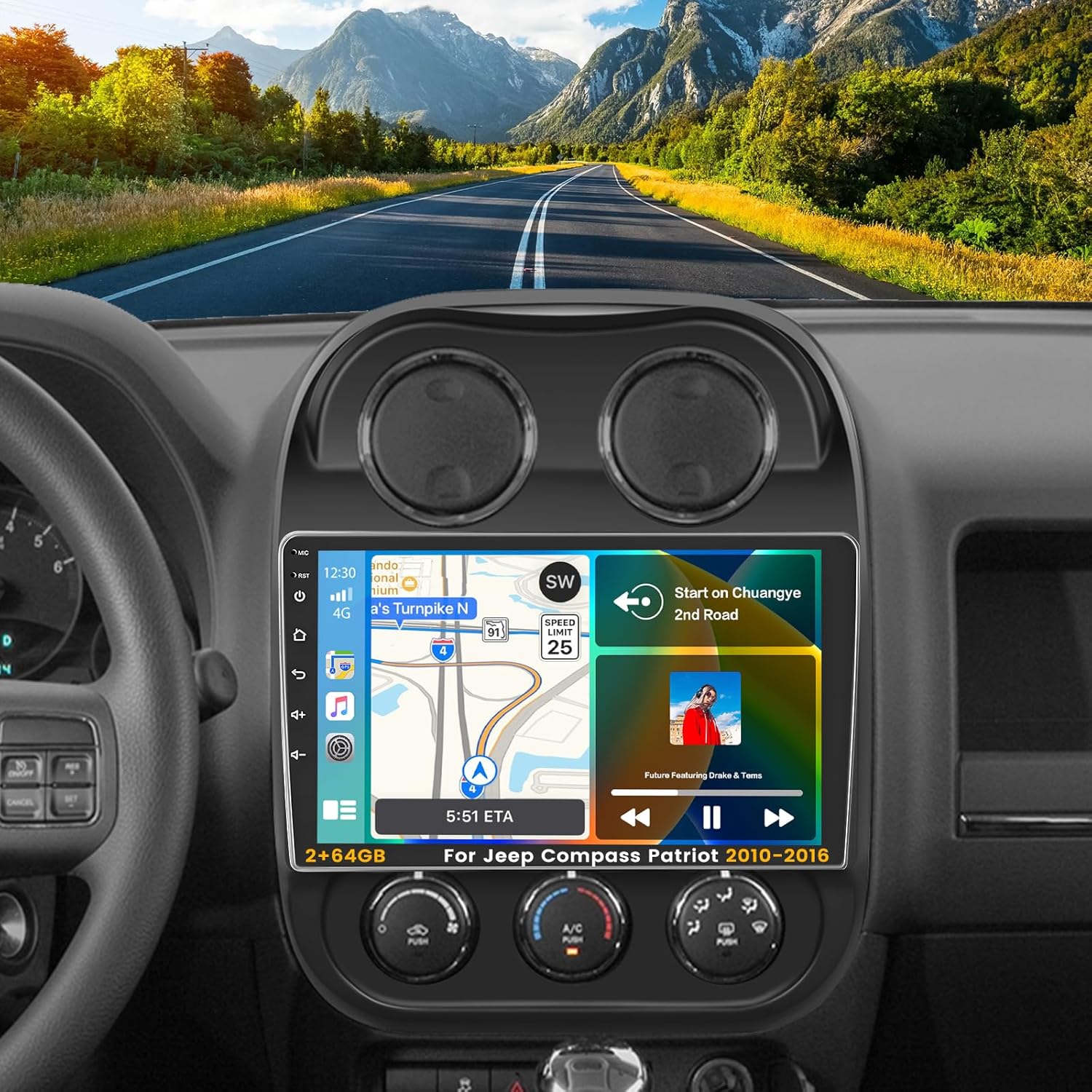 [2+64GB] Android 15 Car Stereo for Jeep Compass Patriot 2011-2017 with Wireless Carplay Android Auto, 10 Inch HD Touchscreen Car Radio with GPS WiFi Bluetooth FM/RDS EQ SWC