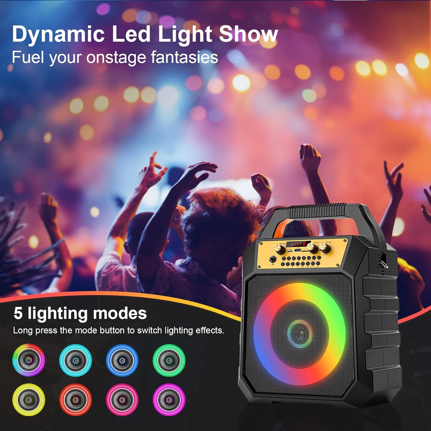 Portable Karaoke Machine for Adults Coaxial Speaker with 2 Wireless Microphones,Bluetooth PA System with 5 Dynamic LED Lights Mode,Supports TF/SD/USB,AUX,FM,REC for Home Party (171-black)